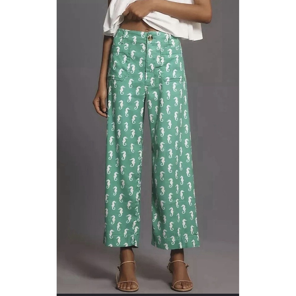 Anthropologie Maeve Colette Cropped Wide Leg Pants Linen Size 27 Seahorse
